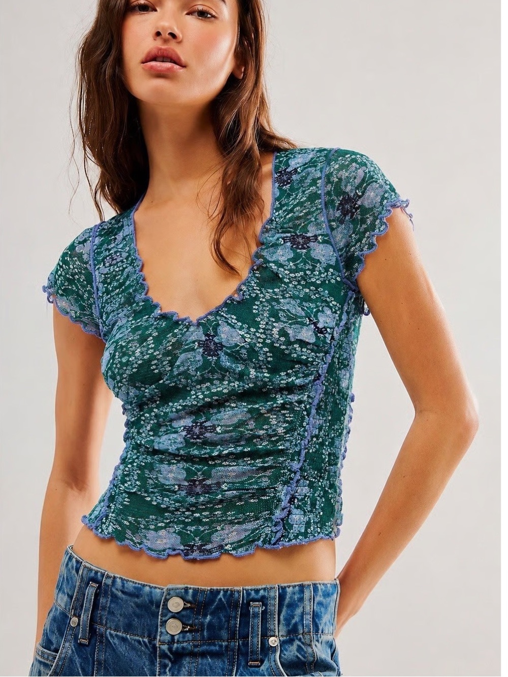Free People Oh My Baby Tee Size S Seagrass Combo Floral Ruched Top
